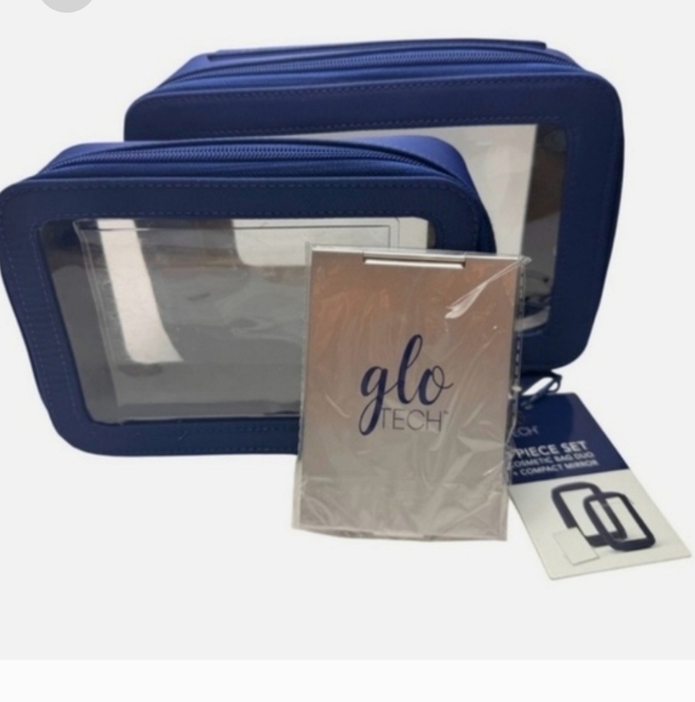 Glo Tech 3 Piece Cosmetic Bag Duo With Compact Mirror, New
